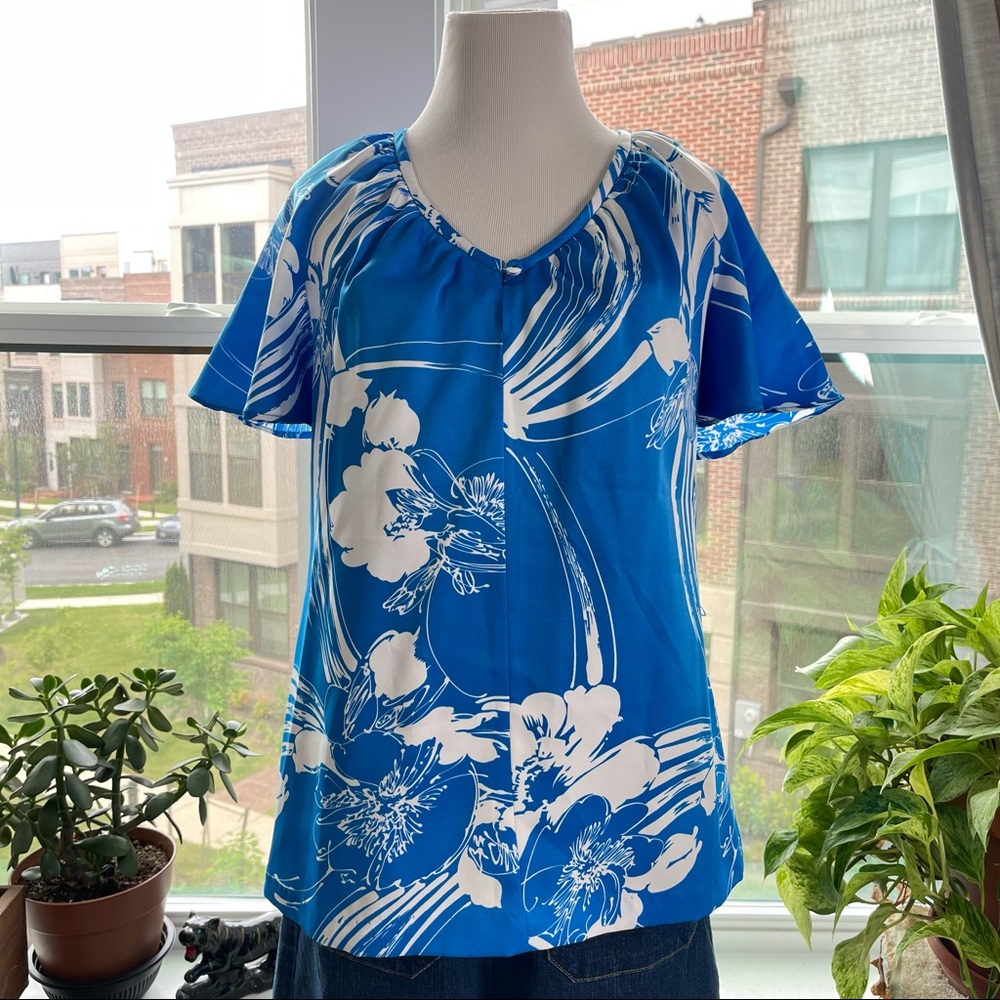 Vintage 70s Nani of Hawaii Hibiscus Waves Floral Print Angel Sleeve Hawaiian Top - Picture 5 of 11